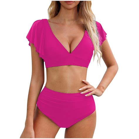 RATTOYY Womens Bikini Sexy Deep V Neck Ruffled High Waisted Pleated