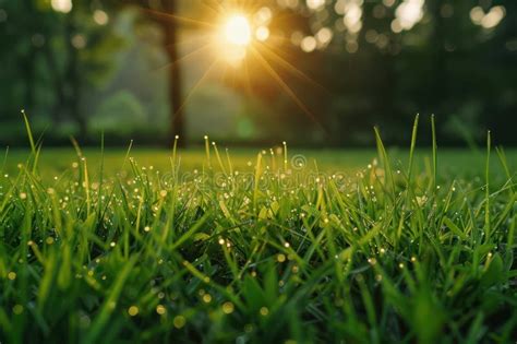 Peaceful Morning Dew On Grass A Gentle Start To A Calm Day Sun Rays