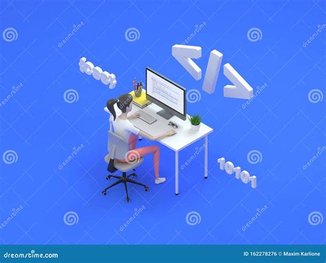 Woman Web Developer Working On Freelance Isometric Illustration Icon