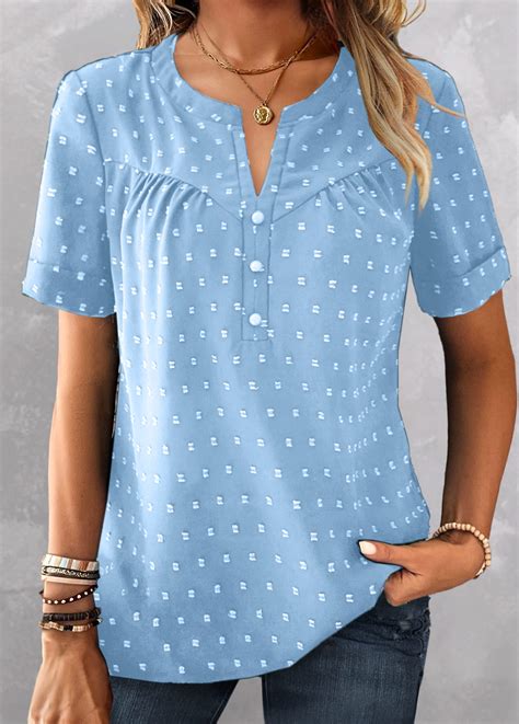 Button Sky Blue Short Sleeve Split Neck Blouse Rosewe Usd