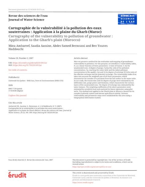 Pdf Cartographie De La Vuln Rabilit La Pollution Des Eaux