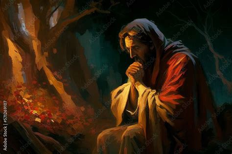 Jesus Christ In Deep Prayer In The Garden Of Gethsemane Oil Painting Created With Generative Ai