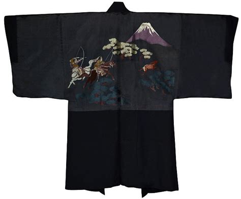 Japanese Man Silk Haori Jacket With Samurai Hunting Scene On Lining