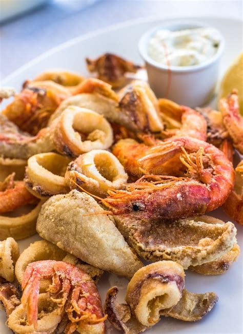 Mixed Deep Fried Fish Shrimp And Squid Platter Stock Image Image Of