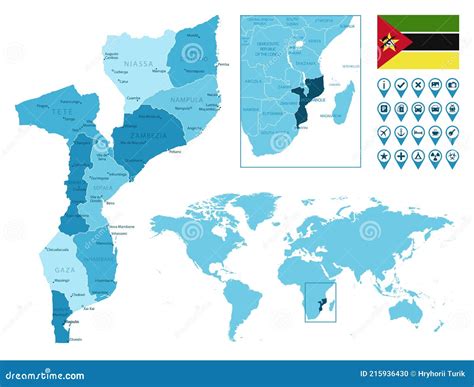 莫桑比克详细行政蓝图，国旗和地点在世界地图上 向量例证 插画 包括有 旅行 图标 商业 半球 215936430