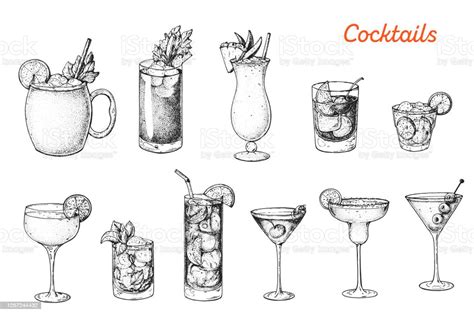 Alcoholic Cocktails Hand Drawn Vector Illustration Sketch Set Moscow