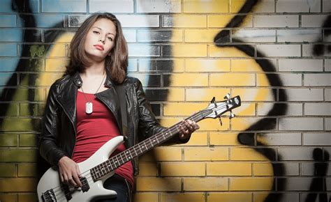 Model HD Guitar Woman Brunette Leather Jacket HD Wallpaper Rare