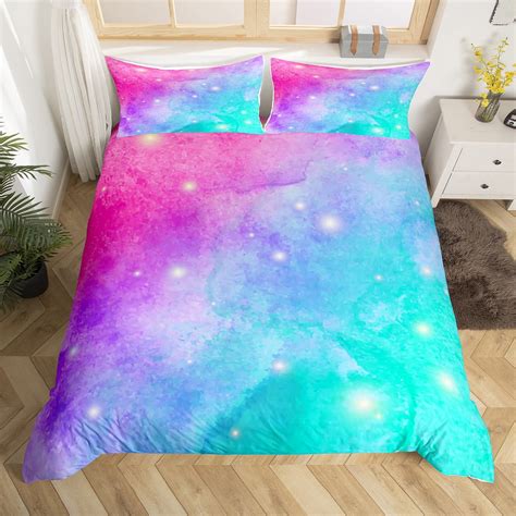 Yst Rainbow Galaxy Duvet Cover Full Pink Purple Blue Teal Bedding Set Psychedelic Stars