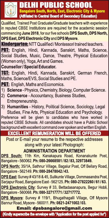 Delhi Public School Teaching And Non Teaching Staff Recruitment Ad