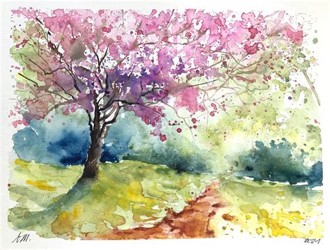 Aquarelle Darbre En Fleurs Roses Dans La Nature Au Printemps Peinture