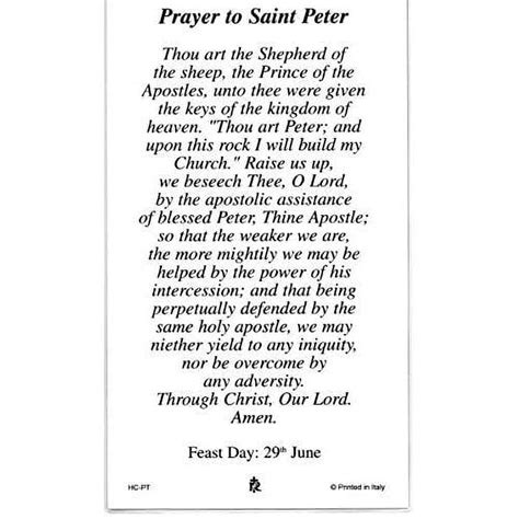 Prayer To St Peter Holy Card Laminated Pack Of 25