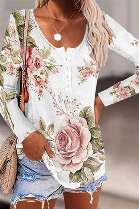 Floral Print Scoop Neck Buttons Long Sleeves Shirts CurveDream