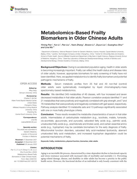 Pdf Metabolomics Based Frailty Biomarkers In Older Chinese Adults