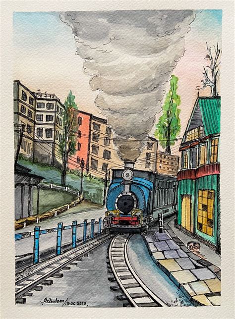 Toy Train Drawing Scenery Watercolor Paintings Easy Landscape Drawings