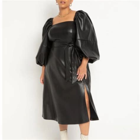 Eloquii Dresses Eloquii Puff Sleeve Faux Leather Dress In Black