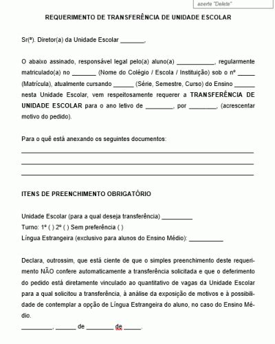 Modelo De Solicitacao De Transferencia Escolar Modelo De Documentos