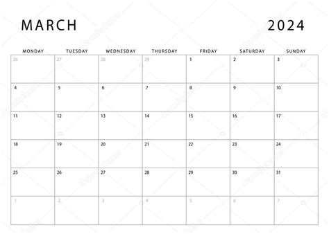 Calendario Marzo Lunes De Inicio Plantilla De Planificador