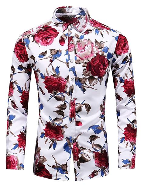 Leftgu Mens Slim Fit Floral Printed Long Sleeve Button Down Dress