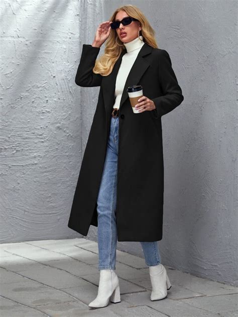 Notched Collar Single Button Overcoat Emery Rose Long Coat Outfit