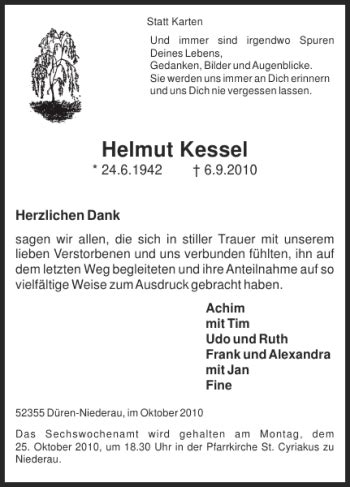 Traueranzeigen Von Helmut Kessel Aachen Gedenkt