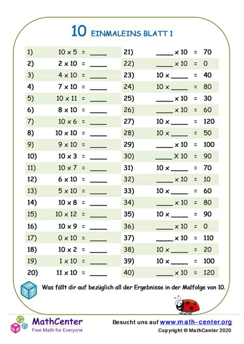 Dritte Klasse Arbeitsbl Tter Einmaleins Math Center