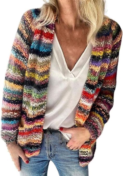 Bunte StrickjackeLangärmliger Cardigan Mantel im Regenbogenstreifen