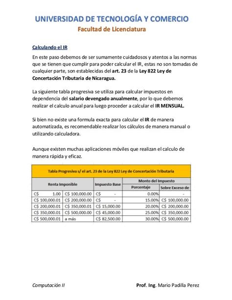 Tabla De Ir Nicaragua