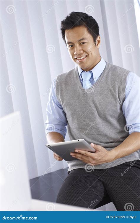 Happy Asian Businessman With Tablet Computer Stock Image Image Of