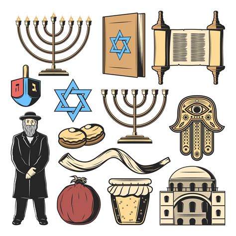 Jewish religion symbols, Israel culture tradition 16164561 Vector Art ...