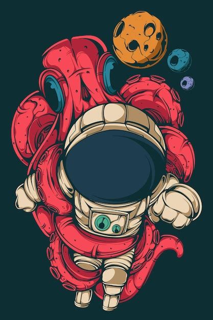 Astronauta Y Pulpo Rojo En El Espacio Vector Premium