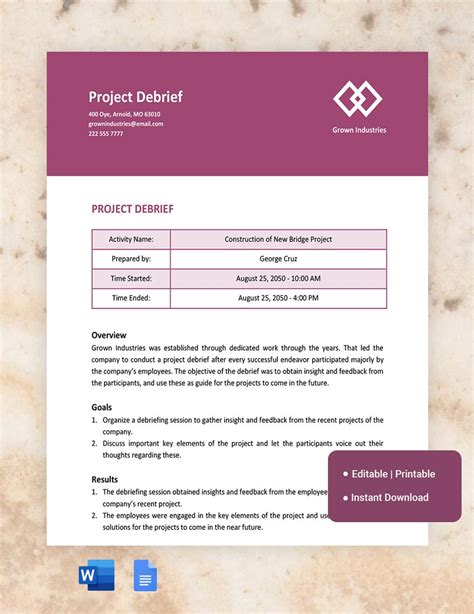 Project Debriefing Template