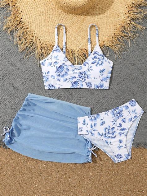 Tween Girl Random Floral Print Bikini Set And Drawstring Side Bikini Set Skirt Summer Beach For