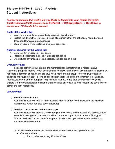 Lab 3 Protists Student Instructions Biology 1111 1911 Lab 3