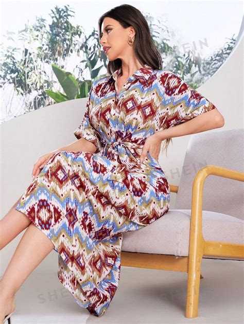 SHEIN Mulvari Women Geometric Pattern Shirt Dress Perfect For Summer