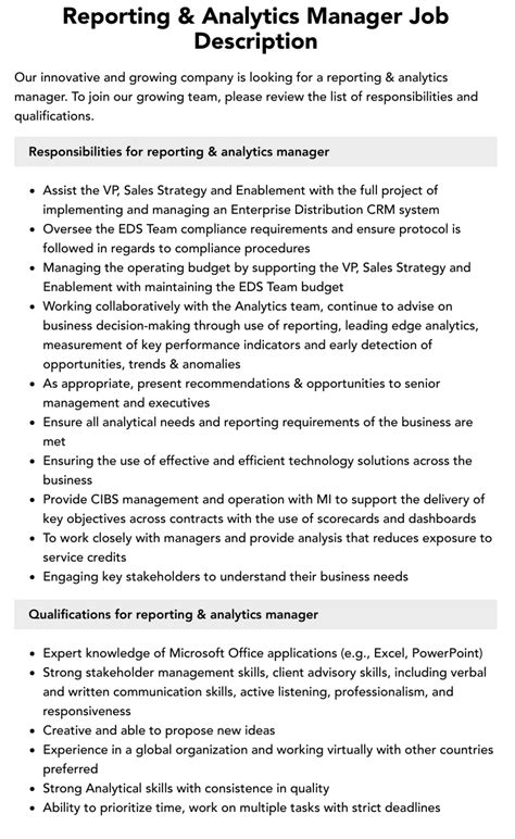 Reporting And Analytics Manager Job Description Velvet Jobs