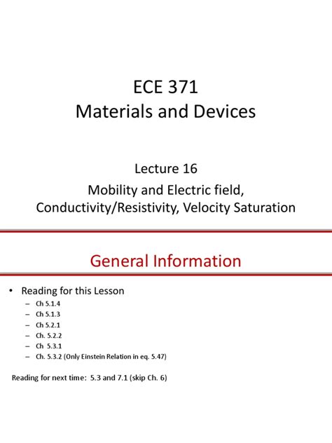 Ece 371 Materials And Devices Mobility And Electric Field Conductivity Resistivity Velocity