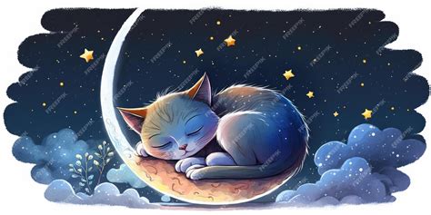 Un Gato Durmiendo En Una Luna Con Las Estrellas Al Fondo Foto Premium