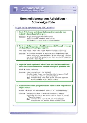 Arbeitsblatt Nominalisierung Von Adjektiven Schwierige F Lle