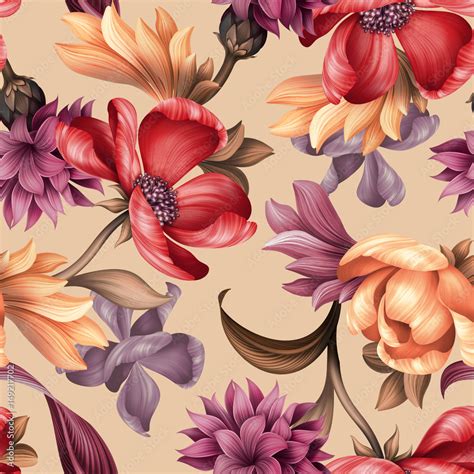 Seamless Floral Pattern Wild Red Purple Flowers Botanical