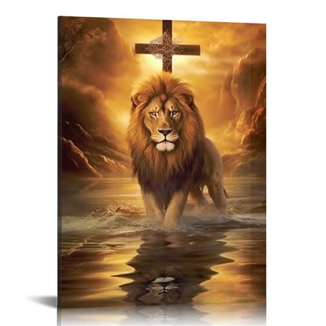 Homicozi Lion And Lamb Wall Art Vintage Framed Artwork Lion Of Judah Wall Art Canvas Abstract