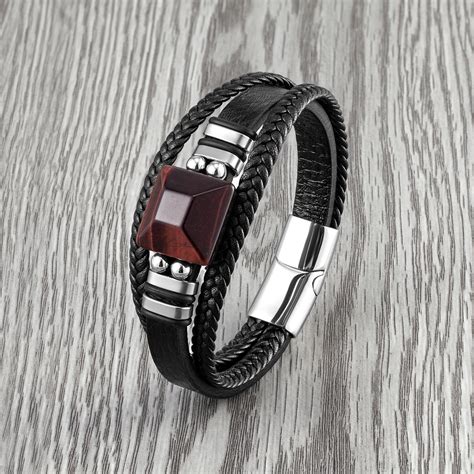 Bracelet Homme Cuir Et Pierre Carr E Oeil De Tigre Rouge Zen Style