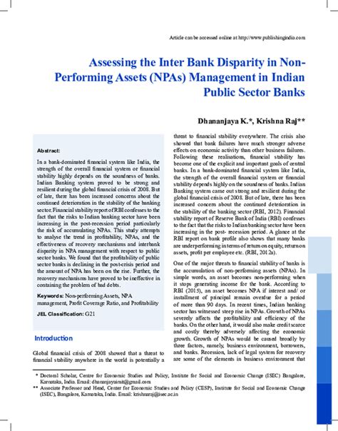 Pdf Assessing The Inter Bank Disparity In Non Performing Assets