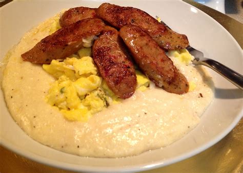 Creamy Grits Scrambled Eggs And Chicken Sausage Love A Savory