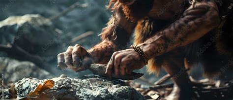 caveman  animal skin hits rock  sharp stone  creates primitive