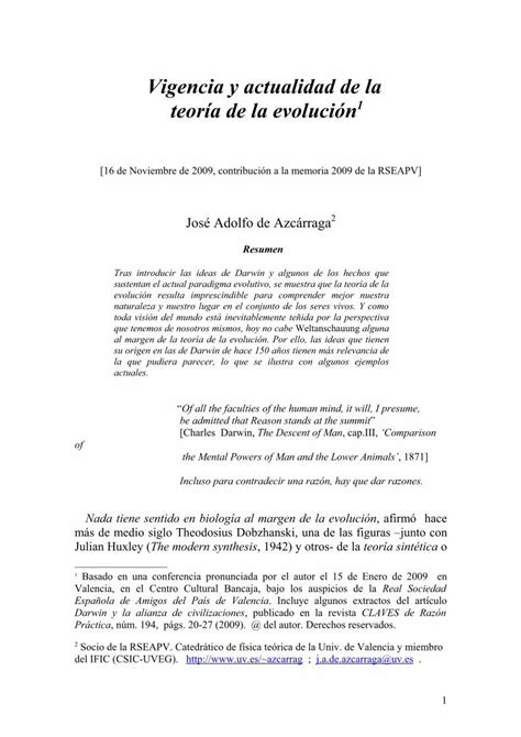 Pdf Vigencia Y Actualidad De La Teor A De La Evoluci N Vigencia Y