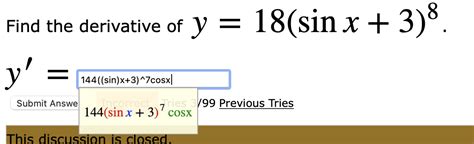 Solved Find The Derivative Of Y 18 Sinx 3 8 Y′