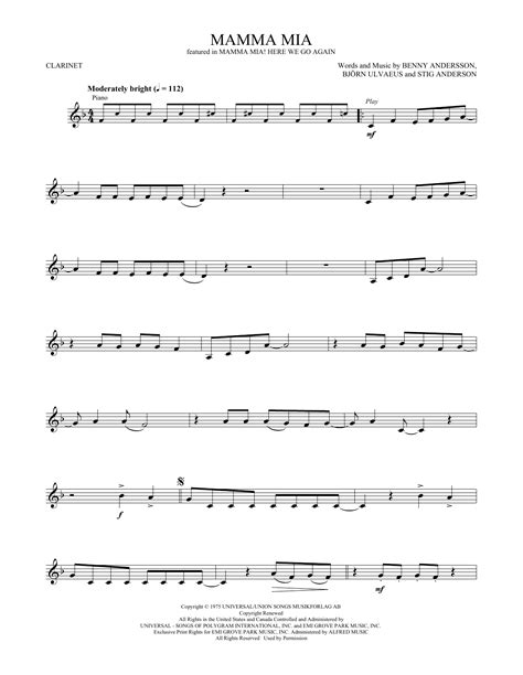 Mamma Mia By Abba Sheet Music For Clarinet Playalong At Sheet Music Direct