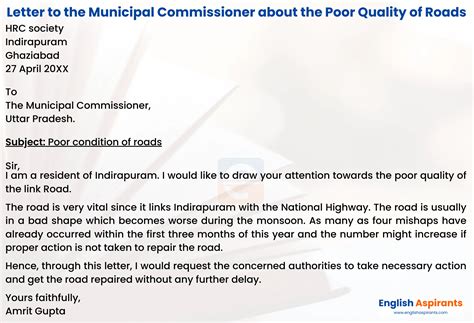 Write A Letter To The Municipal Commissioner To Inform Her Him About