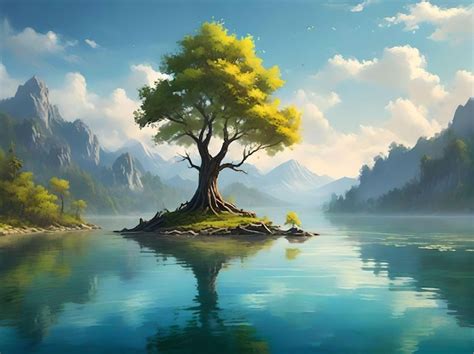 Premium Photo Panoramic Misty Landscape Of Clear Lake With Big Tree