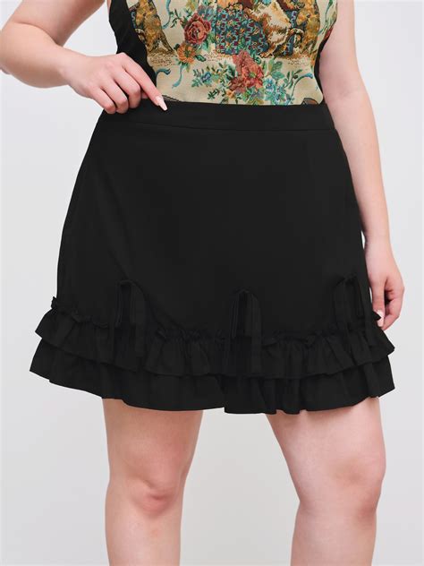 Woven Mid Rise Ruffle Hem Bowknot Mini Skirt Curve And Plus Cider